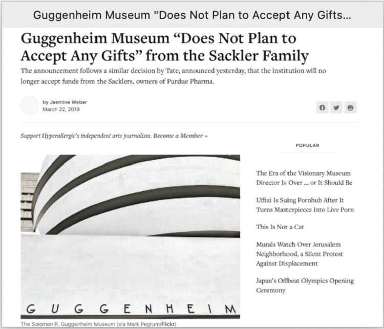2019年3月22日网站“超过敏”报道古根海姆宣布将不再接受萨克勒家族捐助